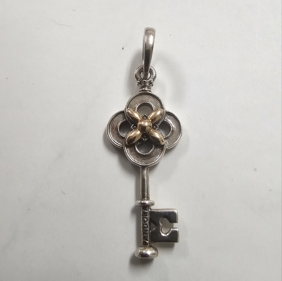 PANDORA 925 14k Gold Two-tone Key & Flower pendant - Picture 7 of 8